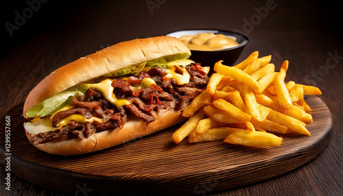 Obraz na płótnie cheesesteak sandwich with fries w salonie