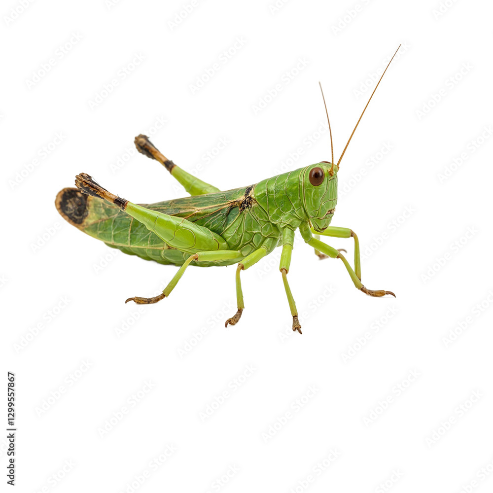 Vibrant green grasshopper poised for a leap showcasing intricate details of its exoskeleton Vibrant green grasshopper poised for a leap showcasing intricate details of its exoskeleton