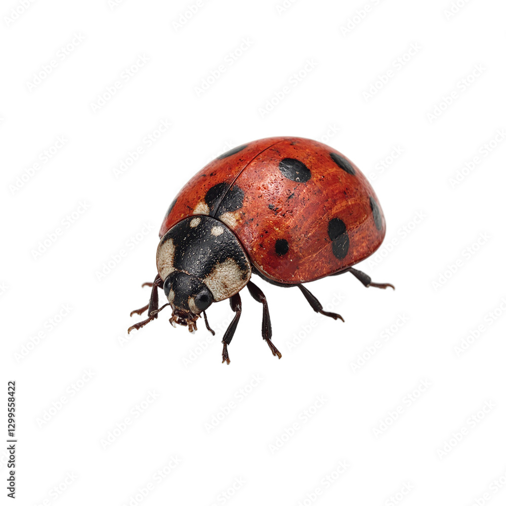 Fototapeta premium Colorful ladybug with glossy shell delicately perched on invisible surface vibrant red contrasting against white background