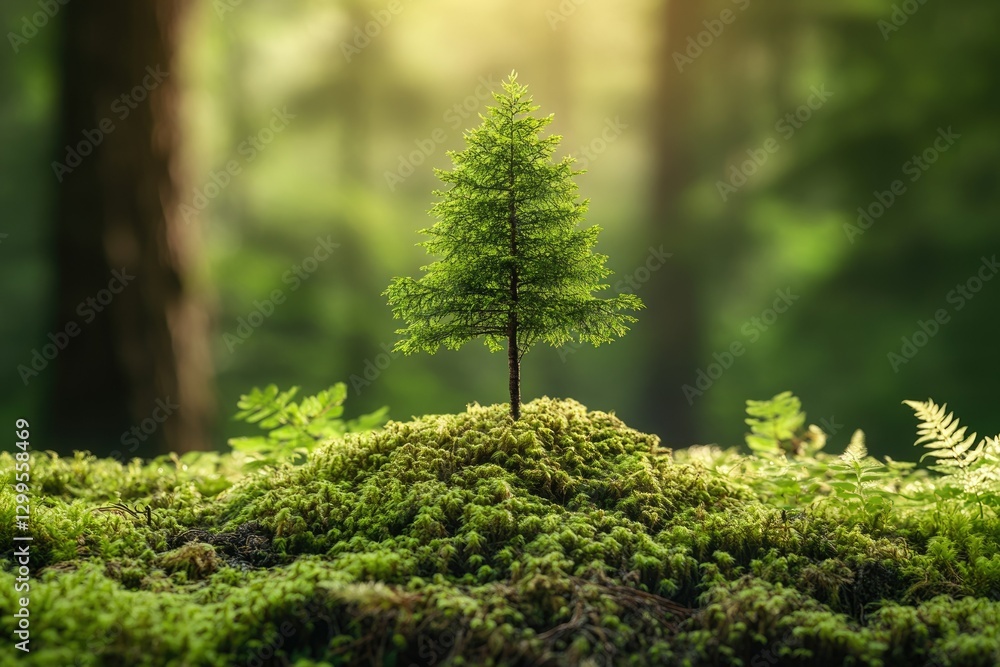 A young conifer sapling thrives amidst a lush bed of moss in a sun-dappled forest. A young conifer sapling thrives amidst a lush bed of moss in a sun-dappled forest.