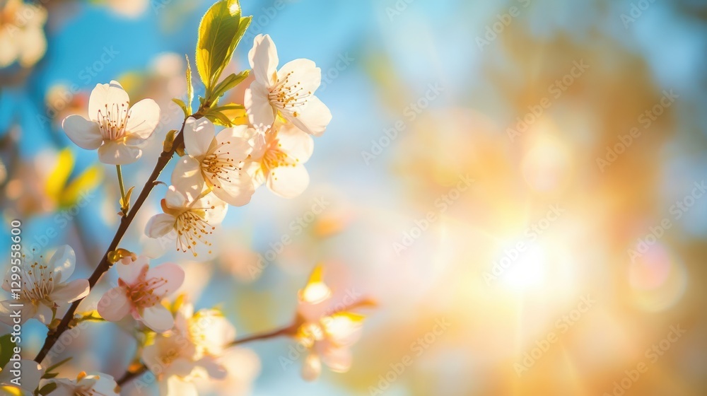Soft sunlight illuminates delicate white blossoms. Soft sunlight illuminates delicate white blossoms.
