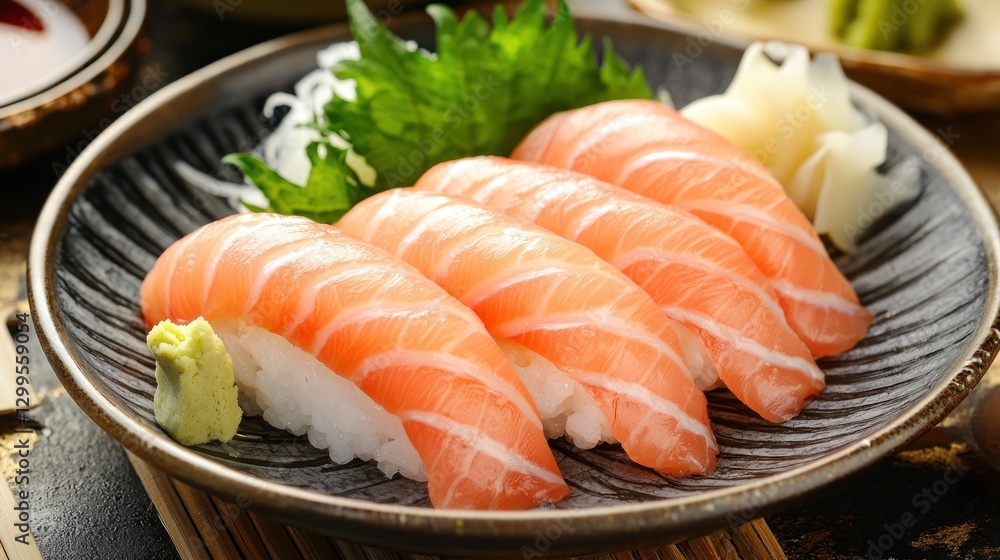 Four pieces of fresh salmon nigiri sushi on a dark plate, garnished with wasabi, pickled ginger, and shiso leaf. Four pieces of fresh salmon nigiri sushi on a dark plate, garnished with wasabi, pickled ginger, and shiso leaf.
