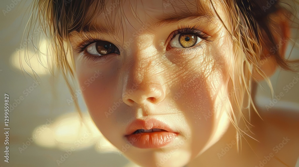 Close-up portrait of a young girl with freckles in sunlight. Close-up portrait of a young girl with freckles in sunlight.