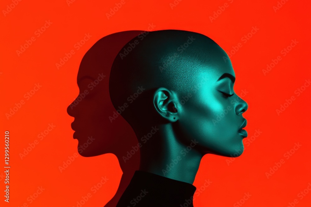 Profile of Bald Woman with Shadow on Orange Background Profile of Bald Woman with Shadow on Orange Background