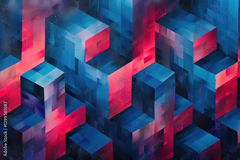 Obraz premium Colorful, abstract geometric patterns with overlapping cubes and gradients of electric blue, red, and black