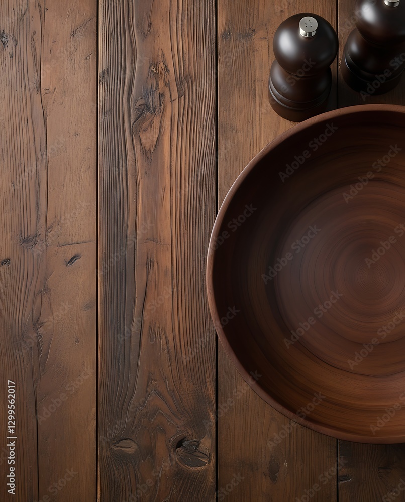 Fototapeta premium Elegant wooden bowls and a pepper grinder on a rustic dark wood table, showcasing natural textures and warm tones, perfect for kitchen, dining, and culinary aesthetics.
