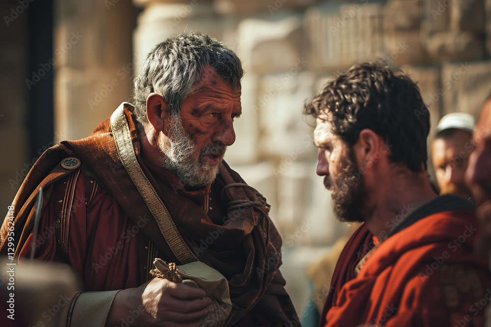 Fototapeta premium Betrayal of Judas Iscariot discussing his deal with Roman priests in Jerusalem in a historical biblical representation of Easter