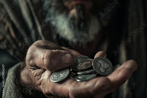 Silver Coins of the Traitor Judas Iscariot held tightly in his hands as a biblical symbol of greed, betrayal, and deception