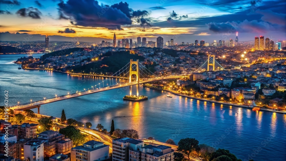 Fototapeta premium Istanbul Bosphorus Night Aerial View: Stunning Cityscape at Dusk