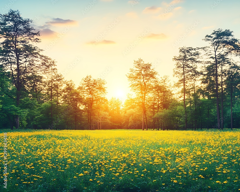 Obraz premium Sunset Meadow Forest Landscape