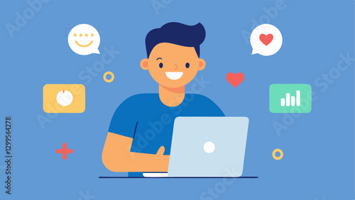 Social Media Engagement A cheerful animator reviewing social media analytics on a laptop with thumbsup and heart emojis floating around illustrating engagement metrics for their