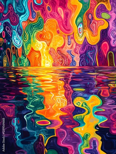 Vibrant Surreal Landscape with Fluid Reflections and Glowing Cosmic Atmosphere