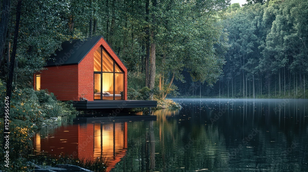 Fototapeta premium Red cabin on lake at dusk.