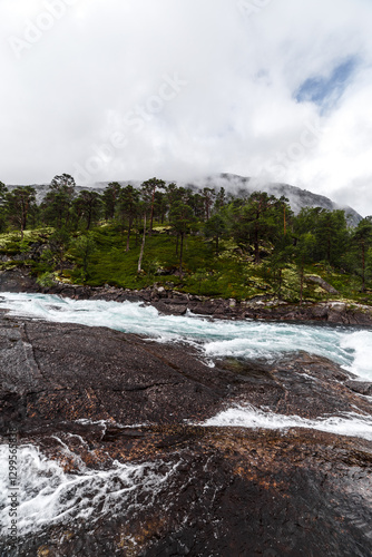 Majestic River Flowing Through Rugged Terrain Under a Dramatic Sky, Surrounded by Lush Pine Trees and Rolling Hills in a Serene Natural Landscape