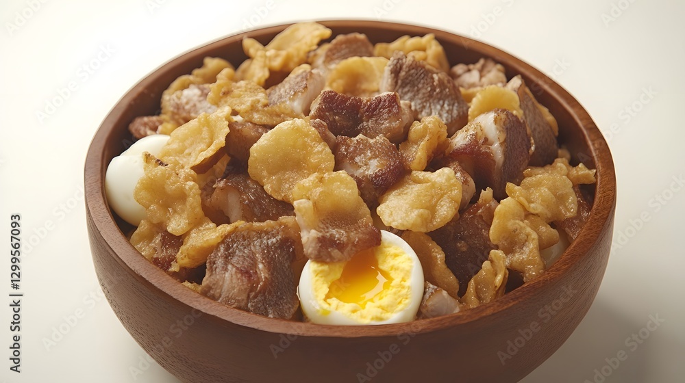 Crispy Pork Belly Chunks with Cereal and Soft Boiled Eggs in Wooden Bowl Crispy Pork Belly Chunks with Cereal and Soft Boiled Eggs in Wooden Bowl