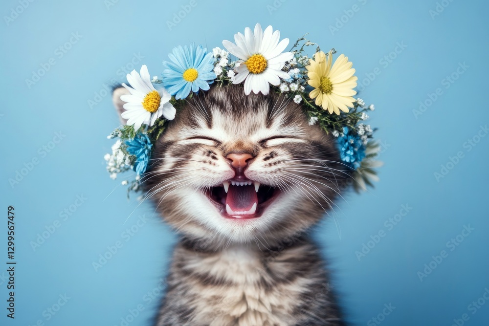Fototapeta premium Isolated ultramarine background, copy space, marketing idea. Cute baby cat savannah wearing free flower circlet on its head - symbol of sunny days. Cat portrait with flower crown.