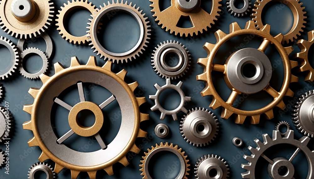Gear Mechanism Closeup with Gold and Silver Sprockets on Blue Background Gear Mechanism Closeup with Gold and Silver Sprockets on Blue Background