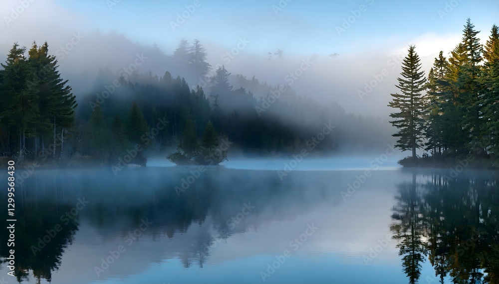 Fototapeta premium Foggy Morning Over a Tranquil Forest Lake, Mystical Landscape with Fog and Water Reflections, Dreamlike Lake Scene with Fog and Reflections.