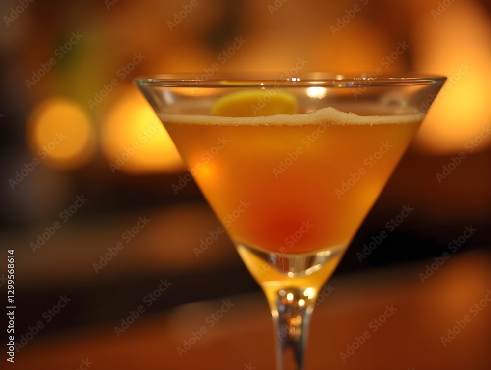 close up of golden cocktail glass filled with vibrant drink, set against softly blurred bar background, creating warm and inviting atmosphere close up of golden cocktail glass filled with vibrant drink, set against softly blurred bar background, creating warm and inviting atmosphere