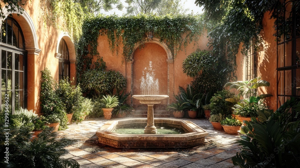 Fototapeta premium Sunlit Mediterranean courtyard with fountain, plants, and terracotta walls.