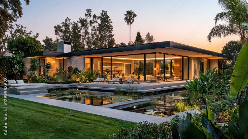 Fototapeta premium Modern house with pool and garden at sunset.