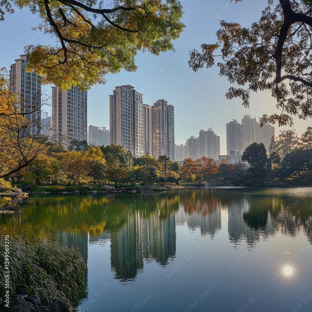 Naklejka premium Urban park with skyscrapers reflected in calm lake water at sunrise.