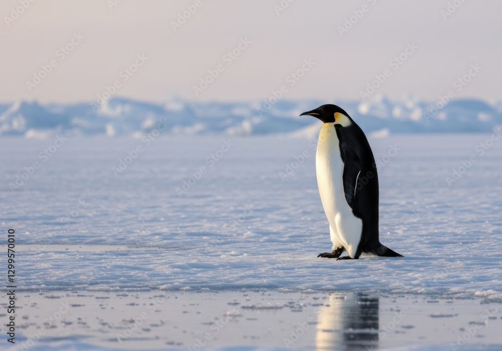 Fototapeta premium Lone Emperor Penguin with Reflection on Ice