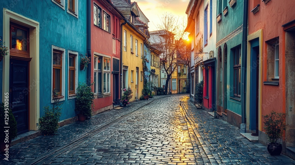 Obraz premium Colorful cobblestone street at sunset.