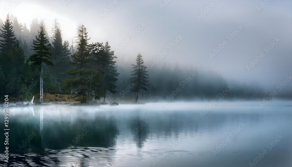 Foggy Morning Over a Tranquil Forest Lake, Mystical Landscape with Fog and Water Reflections, Dreamlike Lake Scene with Fog and Reflections. Foggy Morning Over a Tranquil Forest Lake, Mystical Landscape with Fog and Water Reflections, Dreamlike Lake Scene with Fog and Reflections.