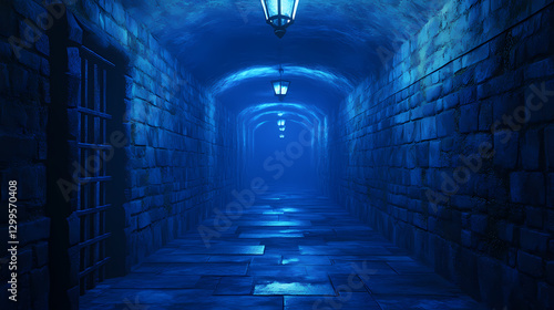 Fototapeta Naklejka Na Ścianę i Meble -  Eerie 3d render of isolated dungeon with twisting tunnels and flickering lights. Mystery - Night. Illustration