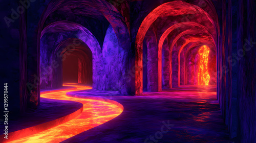 Fototapeta Naklejka Na Ścianę i Meble -  Eerie 3d render of isolated dungeon with twisting tunnels and flickering lights. Mystery - Night. Illustration