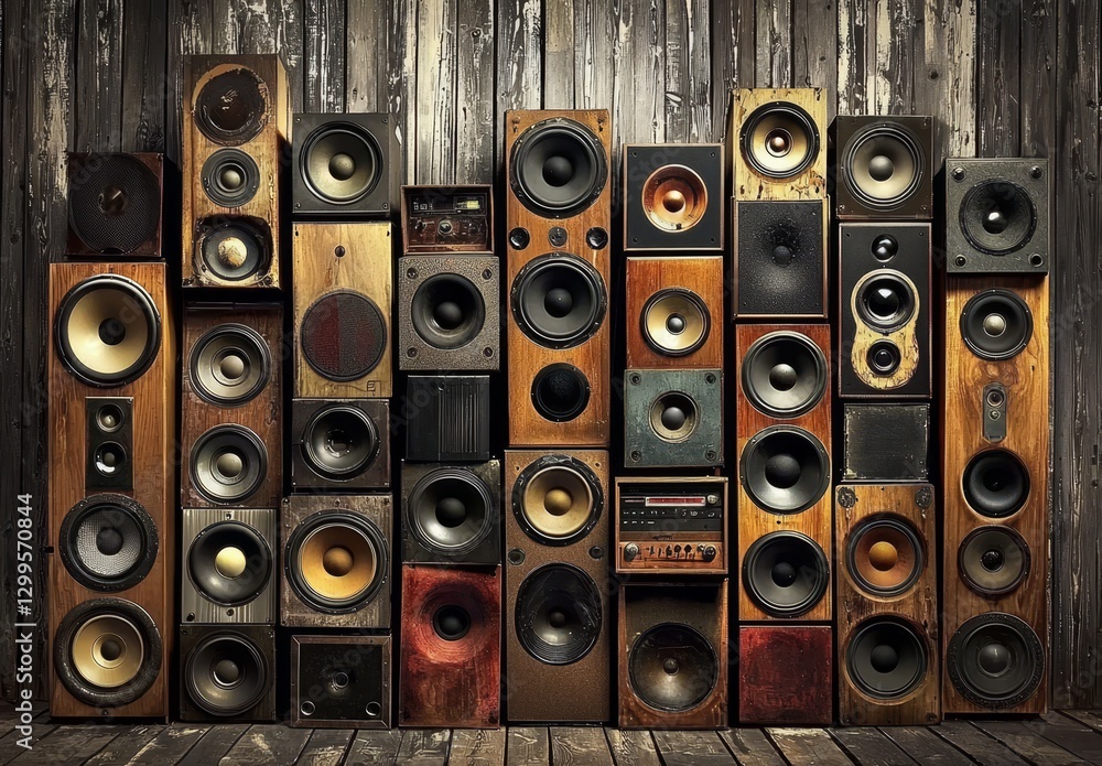 Obraz premium A row of wooden speakers featuring a charming rustic design.