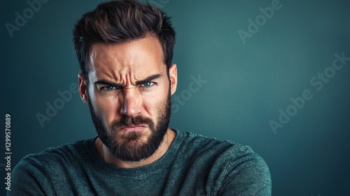 Angry man with beard frowning, closeup portrait.