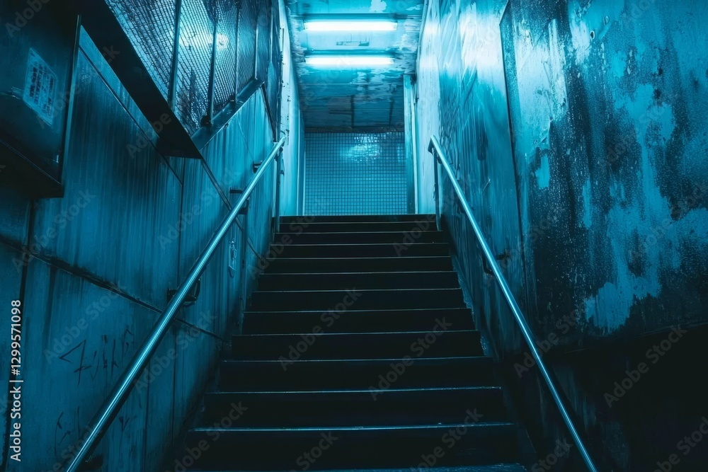 Fototapeta premium Mystical blue light permeates a shadowy stairwell