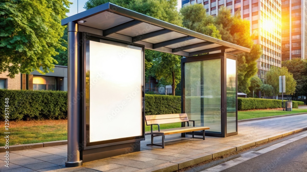 A bus stop billboard with a modern outdoor shelter and a vibrant advertisement for a local business , urban A bus stop billboard with a modern outdoor shelter and a vibrant advertisement for a local business , urban