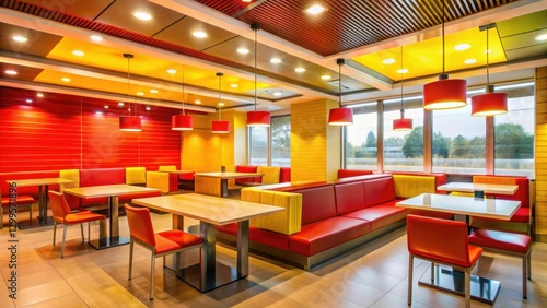 Bright red and yellow interior decor of a McDonald's restaurant with fluorescent lighting, red, yellow