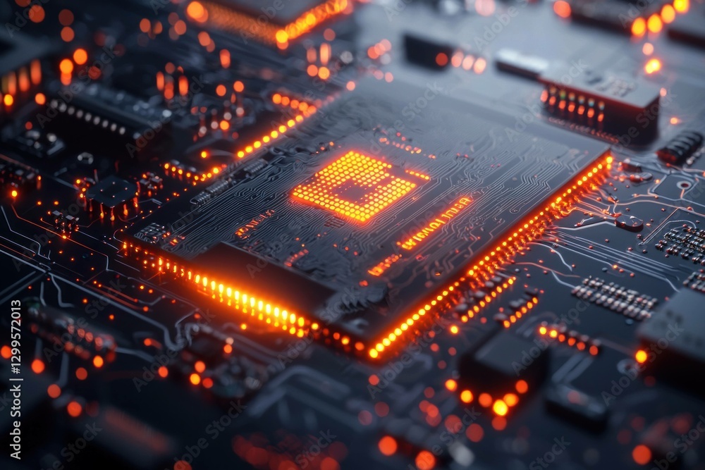 Close up of a futuristic microchip with glowing circuits, showcasing technology and innovation in a dark setting illuminated by orange lights Close up of a futuristic microchip with glowing circuits, showcasing technology and innovation in a dark setting illuminated by orange lights