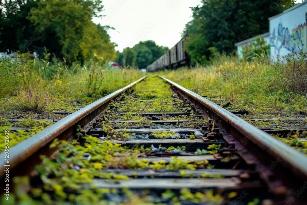 Fototapeta premium Abandoned railway scene with grass and weeds.