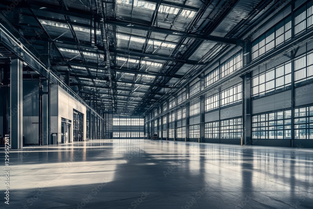 Modern industrial warehouse view with expansive design. Modern industrial warehouse view with expansive design.