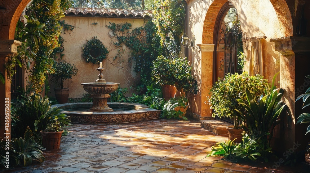 Fototapeta premium Sunlit Mediterranean courtyard with fountain, arches, and lush greenery.