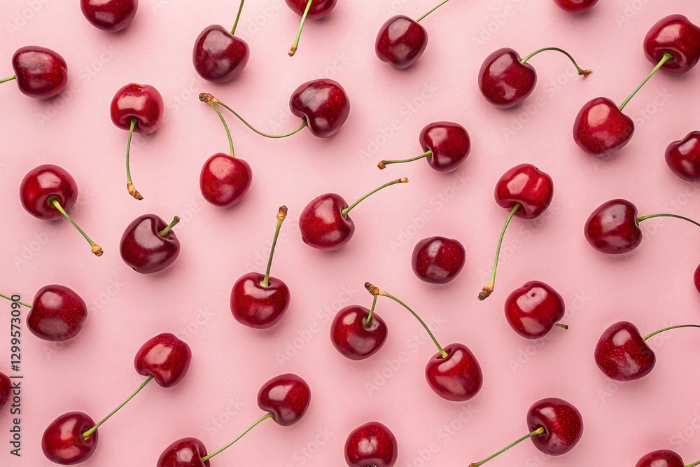 Flat lay of ripe red cherries arranged on a pink background. (1) Flat lay of ripe red cherries arranged on a pink background. (1)