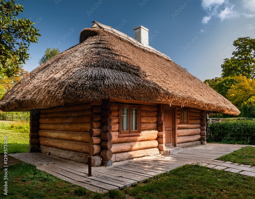 A rustic log cabin with a thatched roof stands in a lush green countryside under a clear blue sky. A rustic log cabin with a thatched roof stands in a lush green countryside under a clear blue sky.