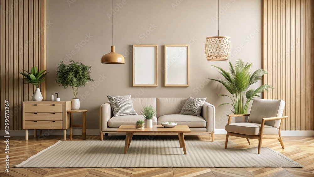 Fototapeta premium Modern geometric frame set against a neutral-toned wall in a minimalist mid-century modern living room interior with warm wood accents and a natural fiber rug, design, warm wood