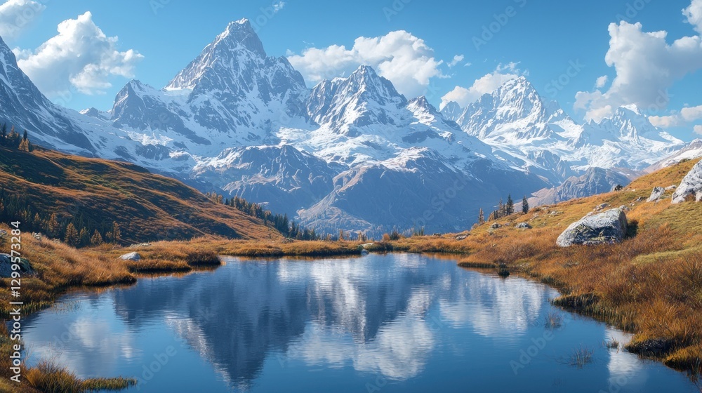 Fototapeta premium Majestic snow-capped mountains reflected in a serene alpine lake during autumn.