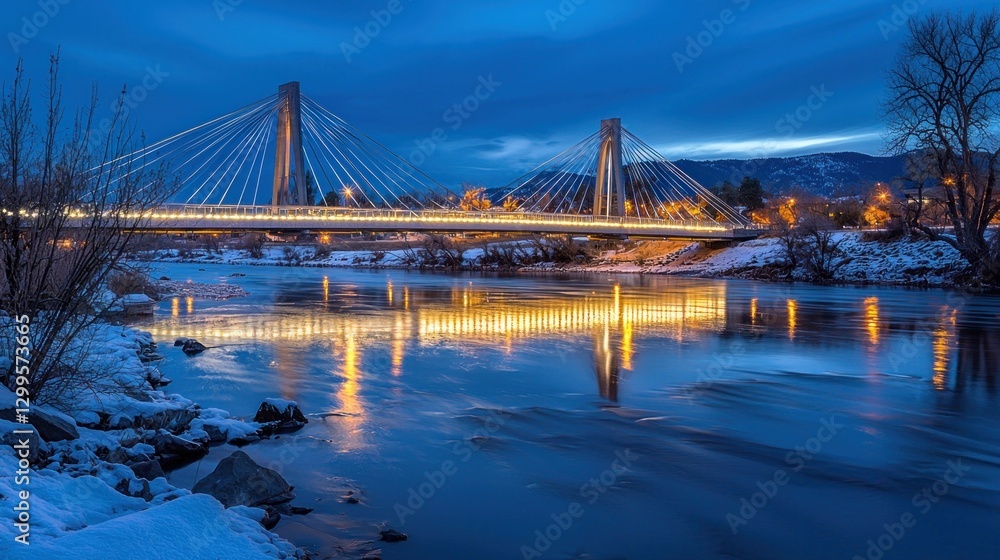 Naklejka premium Illuminated cable bridge over calm river at twilight, snow-covered banks.