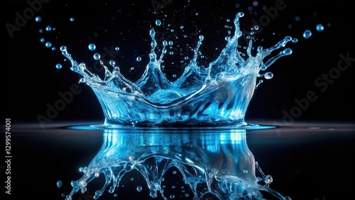 Crystal clear blue water with a splash isolated on a black background, creating a sense of movement and energy , black background, abstract splash
