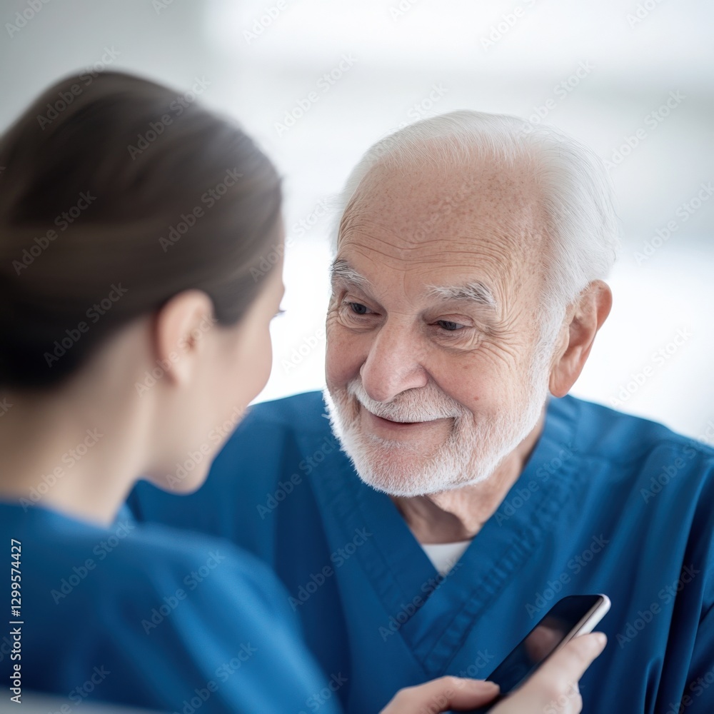 senior man looking at a smartphone screen with a caregiver senior man looking at a smartphone screen with a caregiver