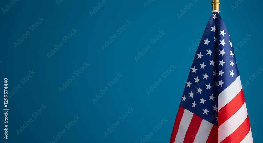 Fototapeta premium Photograph of an American flag on a blue background with copy space