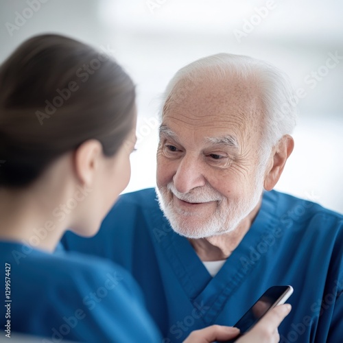 senior man looking at a smartphone screen with a caregiver