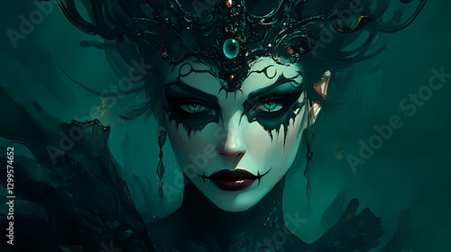 A ghostly woman with dark, elaborate makeup and an unusual crown, her face is painted to evoke a sense of horror and magic, with a devilish design. Mystery - Night. Illustration